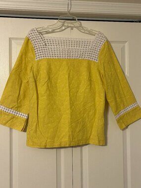 LILLY PULITZER Sz 12 Yellow with White Crochet Lace Bees Knees Jacquard Top